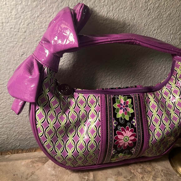 Vera Bradley FRILL Purple Green Floral Coated Vinyl  Bow Handle Hobo Handbag - Picture 14 of 15